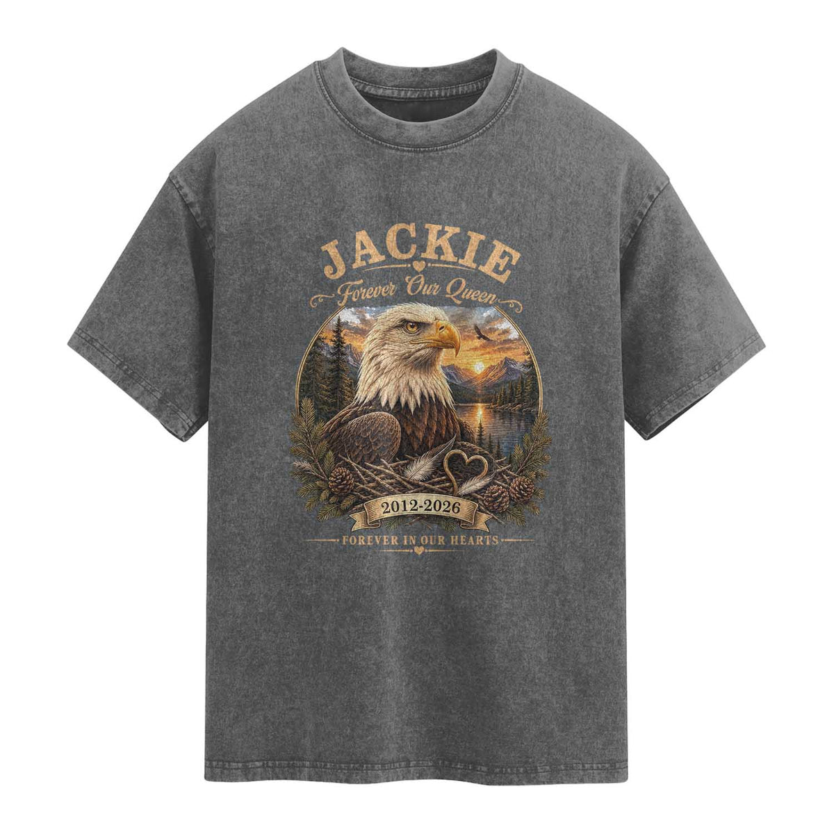 Jackie Forever Our Queen Bald Eagle Memorial Washed Cotton T-Shirt Big Bear Lake Crest Tribute Graphic