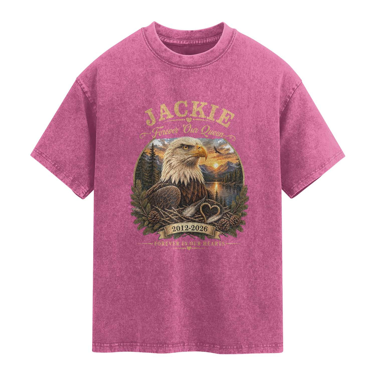 Jackie Forever Our Queen Bald Eagle Memorial Washed Cotton T-Shirt Big Bear Lake Crest Tribute Graphic