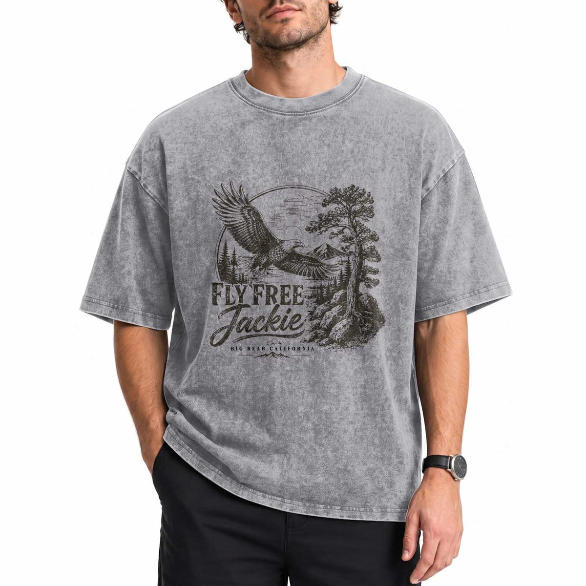 Fly Free Jackie Vintage Etching Soaring Eagle Washed Cotton T-Shirt Big Bear Lake Wilderness Graphic