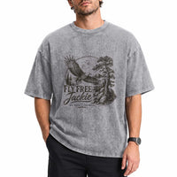 Fly Free Jackie Vintage Etching Soaring Eagle Washed Cotton T-Shirt Big Bear Lake Wilderness Graphic