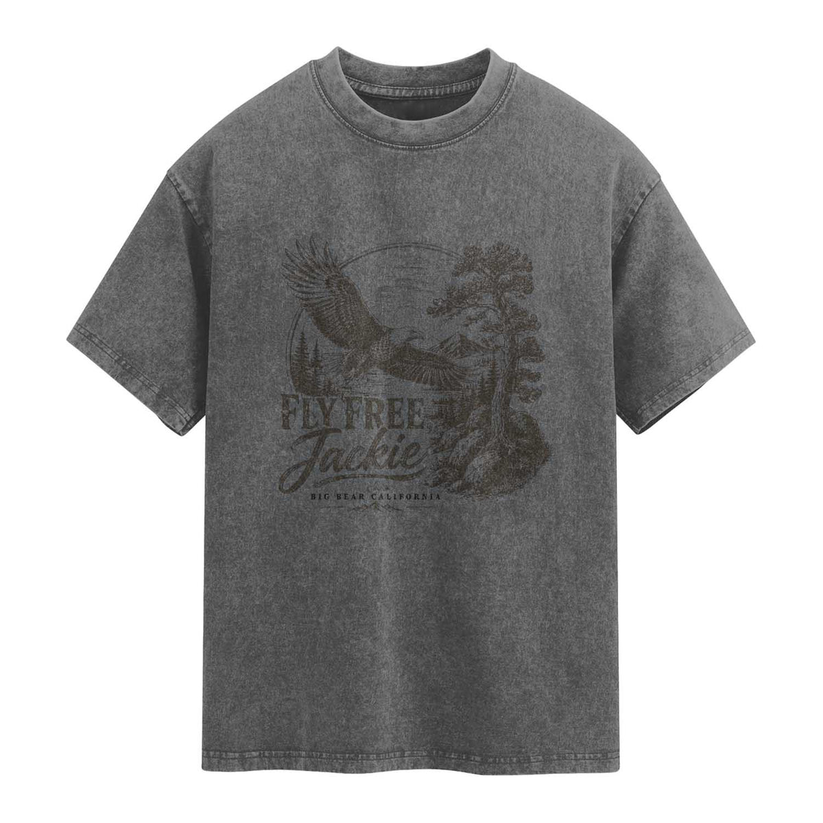 Fly Free Jackie Vintage Etching Soaring Eagle Washed Cotton T-Shirt Big Bear Lake Wilderness Graphic