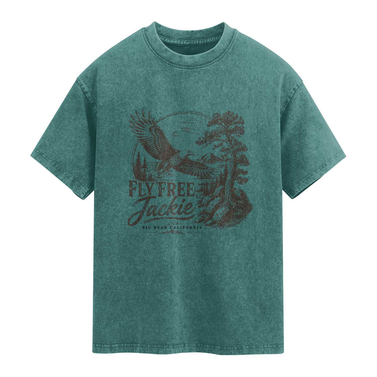 Fly Free Jackie Vintage Etching Soaring Eagle Washed Cotton T-Shirt Big Bear Lake Wilderness Graphic