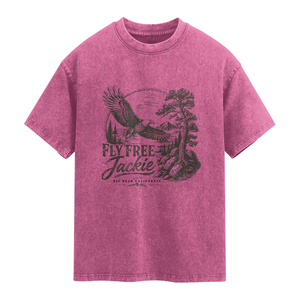 Fly Free Jackie Vintage Etching Soaring Eagle Washed Cotton T-Shirt Big Bear Lake Wilderness Graphic