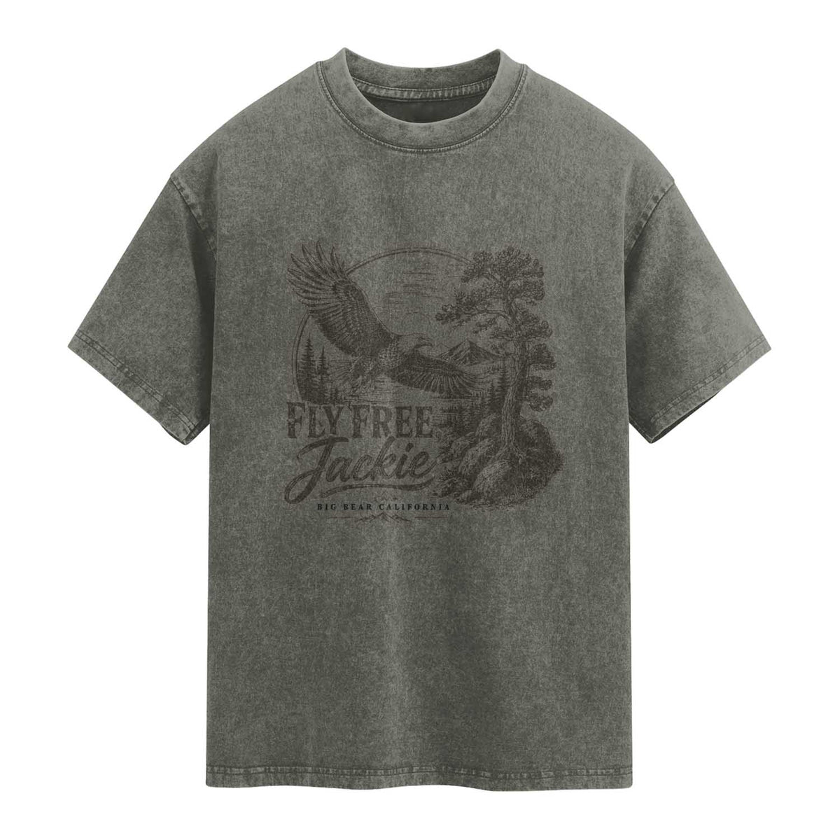 Fly Free Jackie Vintage Etching Soaring Eagle Washed Cotton T-Shirt Big Bear Lake Wilderness Graphic