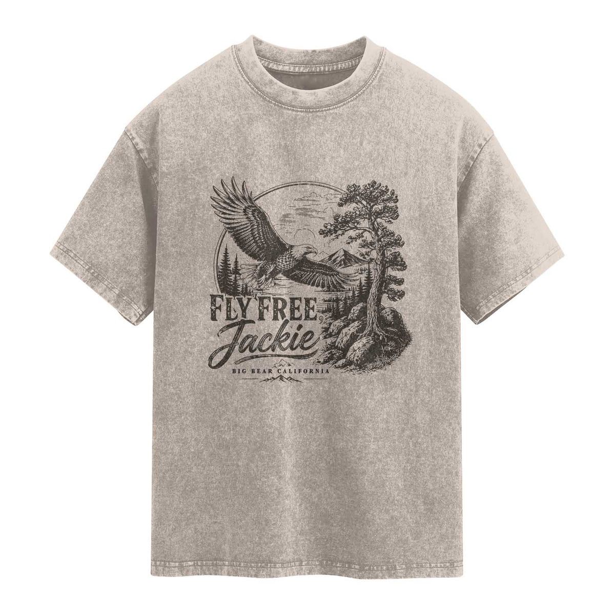 Fly Free Jackie Vintage Etching Soaring Eagle Washed Cotton T-Shirt Big Bear Lake Wilderness Graphic