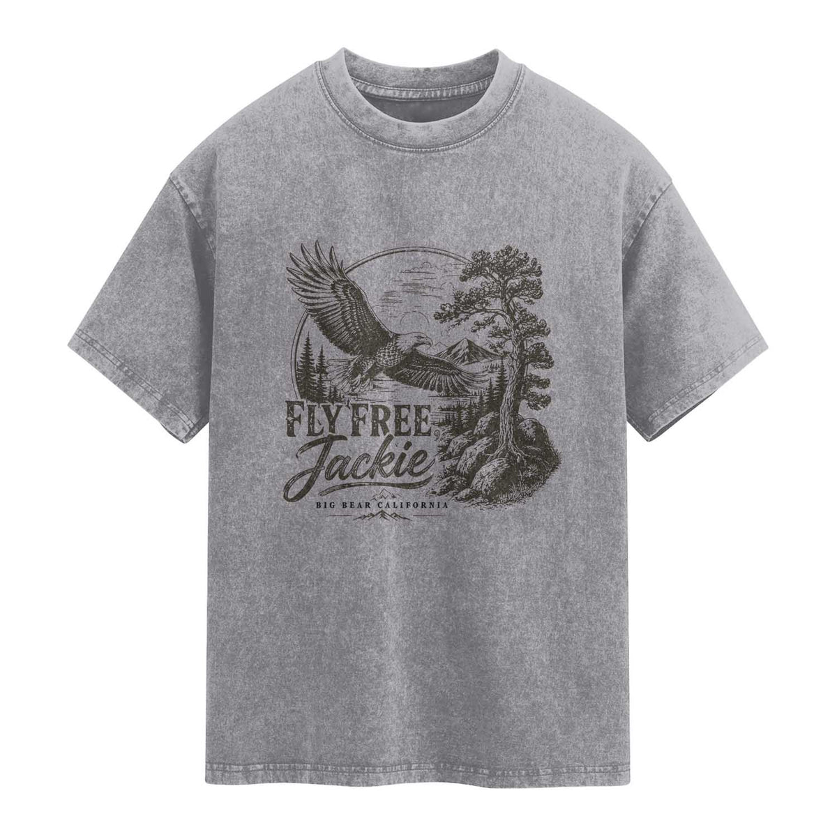 Fly Free Jackie Vintage Etching Soaring Eagle Washed Cotton T-Shirt Big Bear Lake Wilderness Graphic