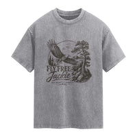 Fly Free Jackie Vintage Etching Soaring Eagle Washed Cotton T-Shirt Big Bear Lake Wilderness Graphic