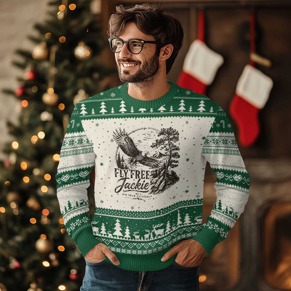 Fly Free Jackie Vintage Etching Soaring Eagle Ugly Christmas Sweater Big Bear Lake Wilderness Graphic