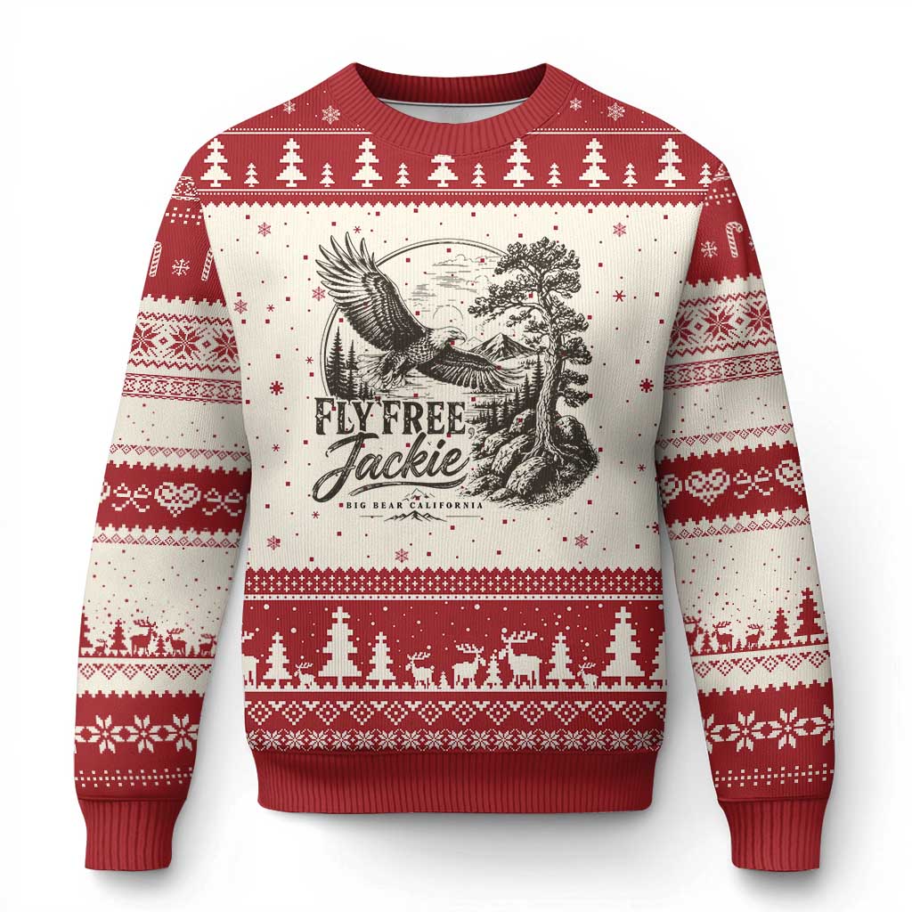 Fly Free Jackie Vintage Etching Soaring Eagle Ugly Christmas Sweater Big Bear Lake Wilderness Graphic