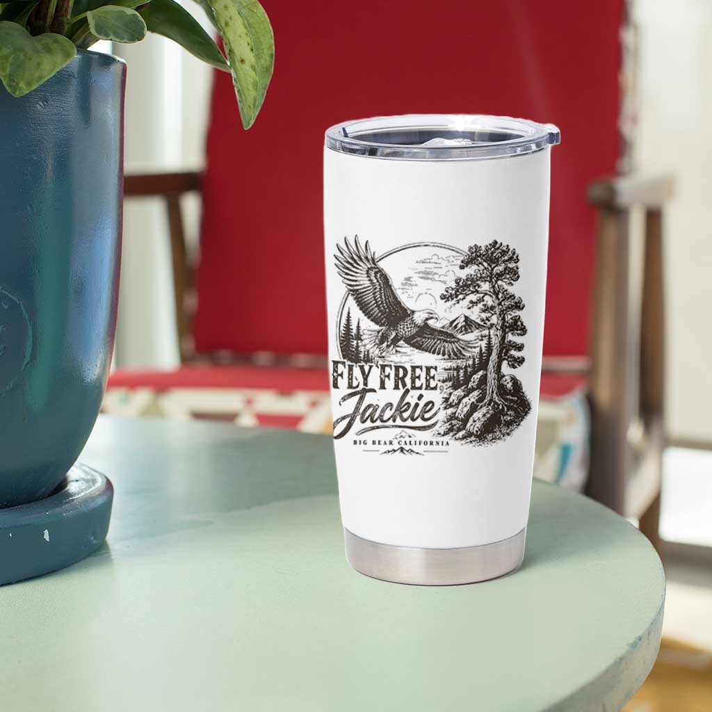 Fly Free Jackie Vintage Etching Soaring Eagle Tumbler Cup Big Bear Lake Wilderness Graphic