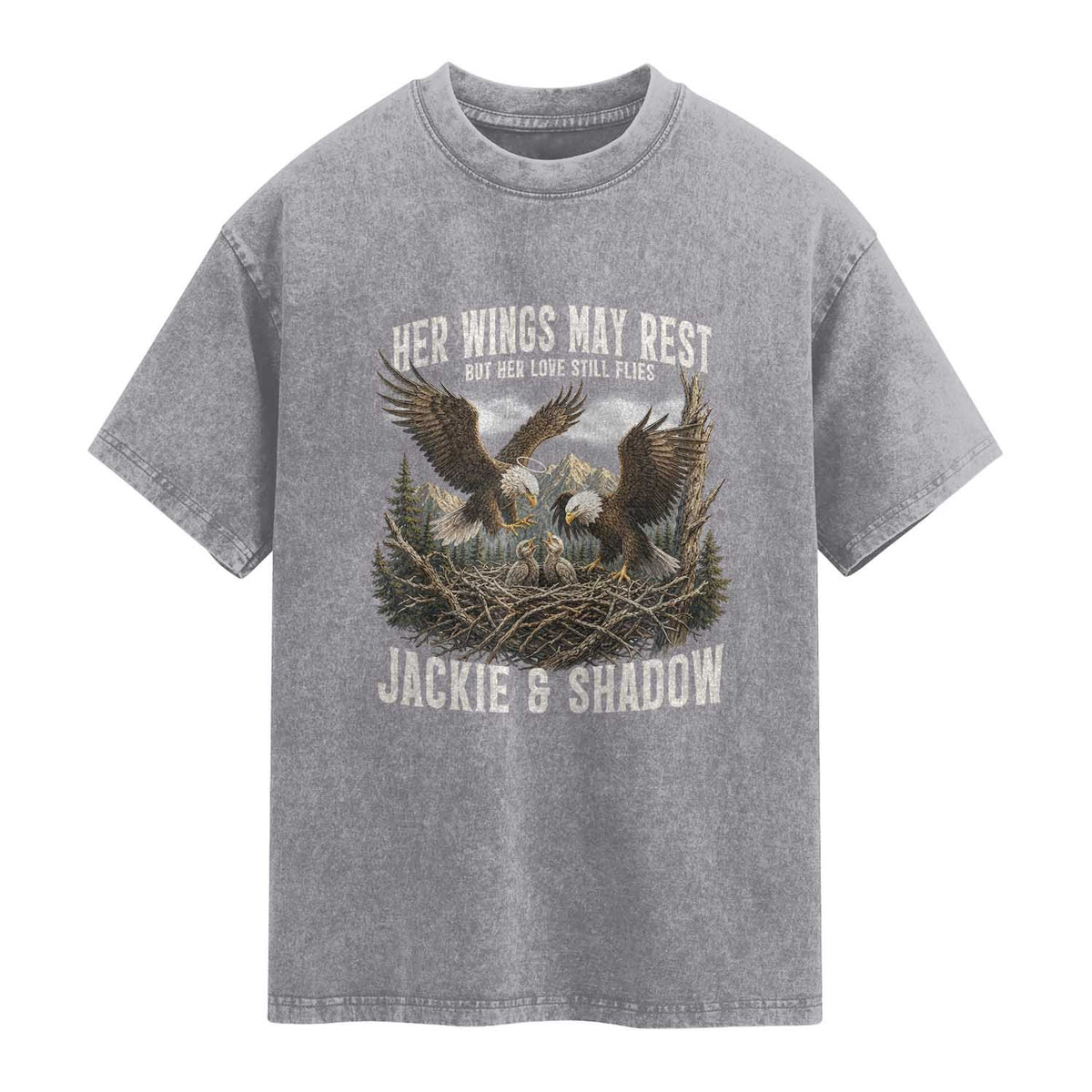 Her Wings May Rest Jackie and Shadow Washed Cotton T-Shirt Bald Eagle Nest Family Tribute Graphic