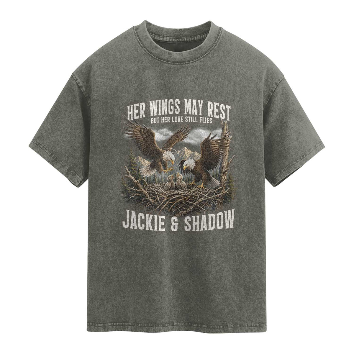 Her Wings May Rest Jackie and Shadow Washed Cotton T-Shirt Bald Eagle Nest Family Tribute Graphic