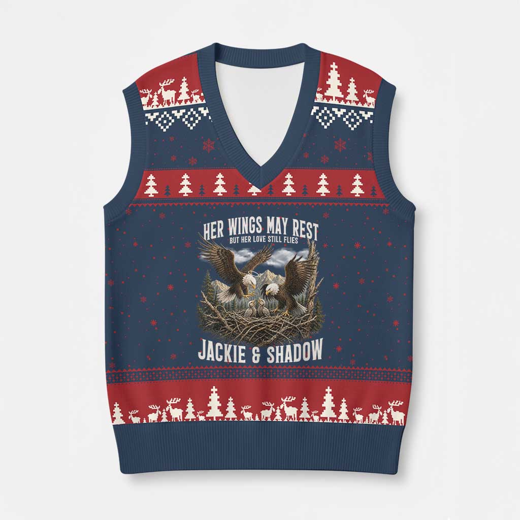 Her Wings May Rest Jackie and Shadow V-Neck Knit Sweater Vest Bald Eagle Nest Family Tribute Graphic