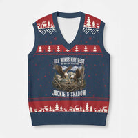 Her Wings May Rest Jackie and Shadow V-Neck Knit Sweater Vest Bald Eagle Nest Family Tribute Graphic