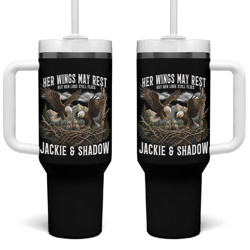 Her Wings May Rest Jackie and Shadow Tumbler With Handle Bald Eagle Nest Family Tribute Graphic