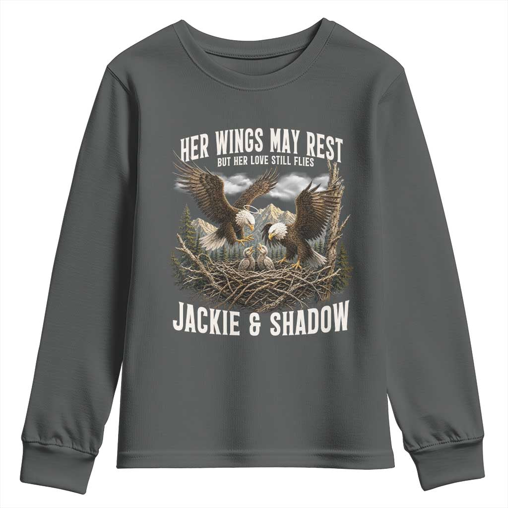 Her Wings May Rest Jackie and Shadow Youth Sweatshirt Bald Eagle Nest Family Tribute Graphic
