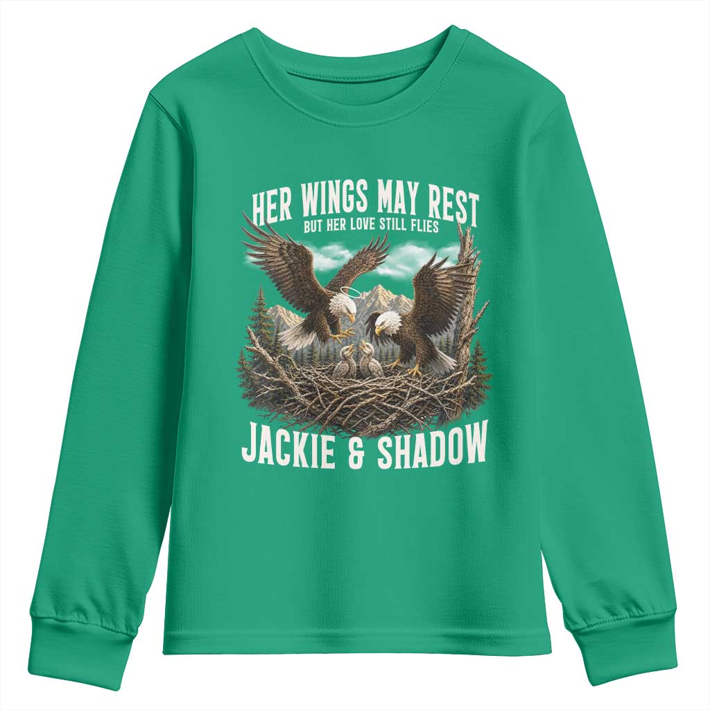 Her Wings May Rest Jackie and Shadow Youth Sweatshirt Bald Eagle Nest Family Tribute Graphic