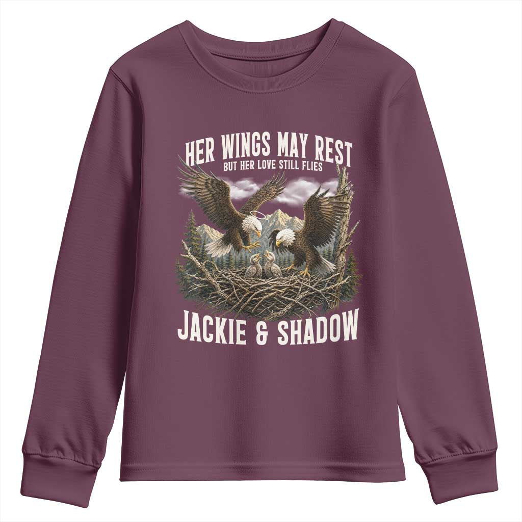 Her Wings May Rest Jackie and Shadow Youth Sweatshirt Bald Eagle Nest Family Tribute Graphic