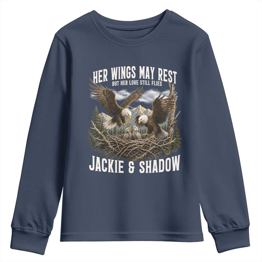Her Wings May Rest Jackie and Shadow Youth Sweatshirt Bald Eagle Nest Family Tribute Graphic