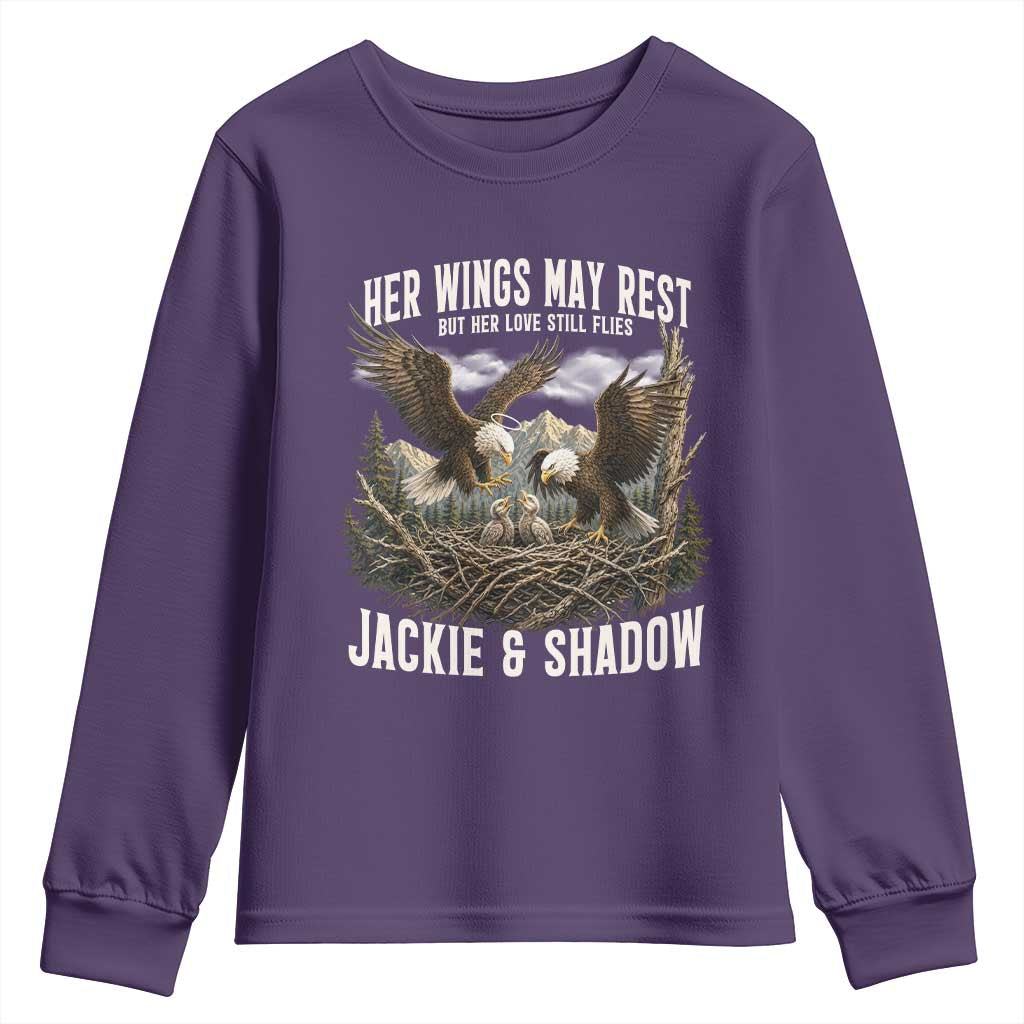 Her Wings May Rest Jackie and Shadow Youth Sweatshirt Bald Eagle Nest Family Tribute Graphic