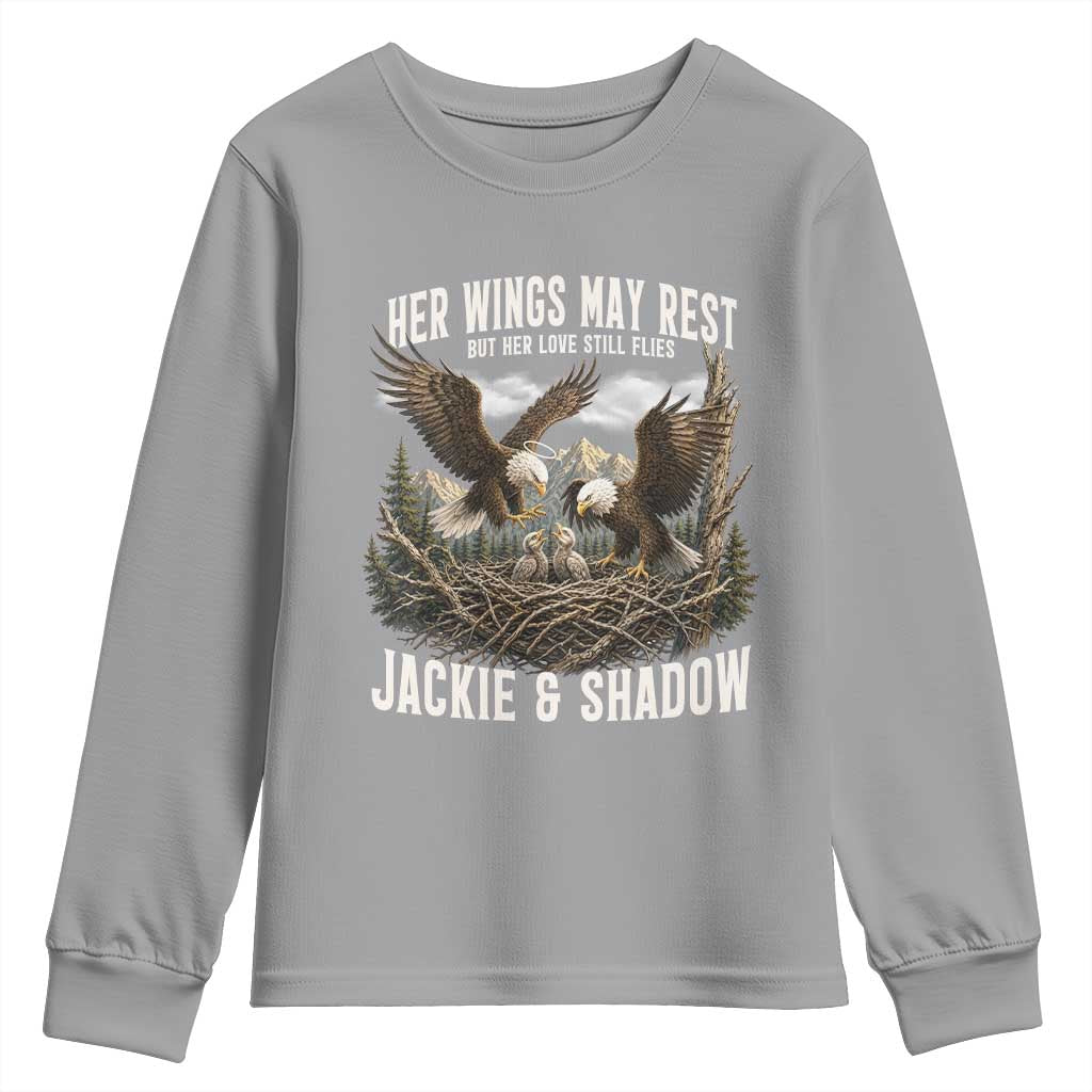 Her Wings May Rest Jackie and Shadow Youth Sweatshirt Bald Eagle Nest Family Tribute Graphic