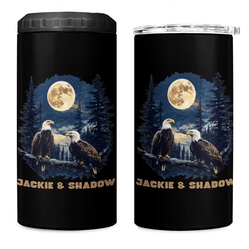Jackie and Shadow Bald Eagle Couple 4 in 1 Can Cooler Tumbler Full Moon Forest Vintage Nature Graphic
