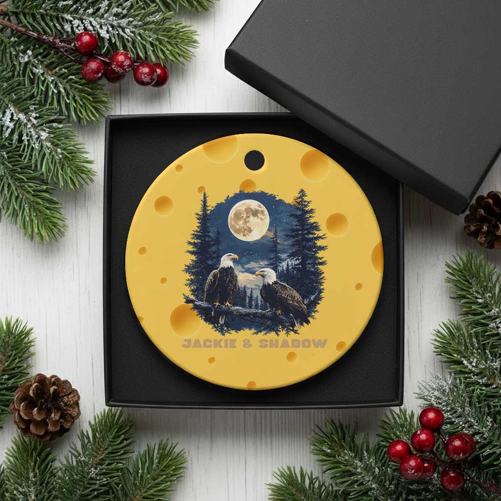 Jackie and Shadow Bald Eagle Couple Ceramic Ornament Full Moon Forest Vintage Nature Graphic
