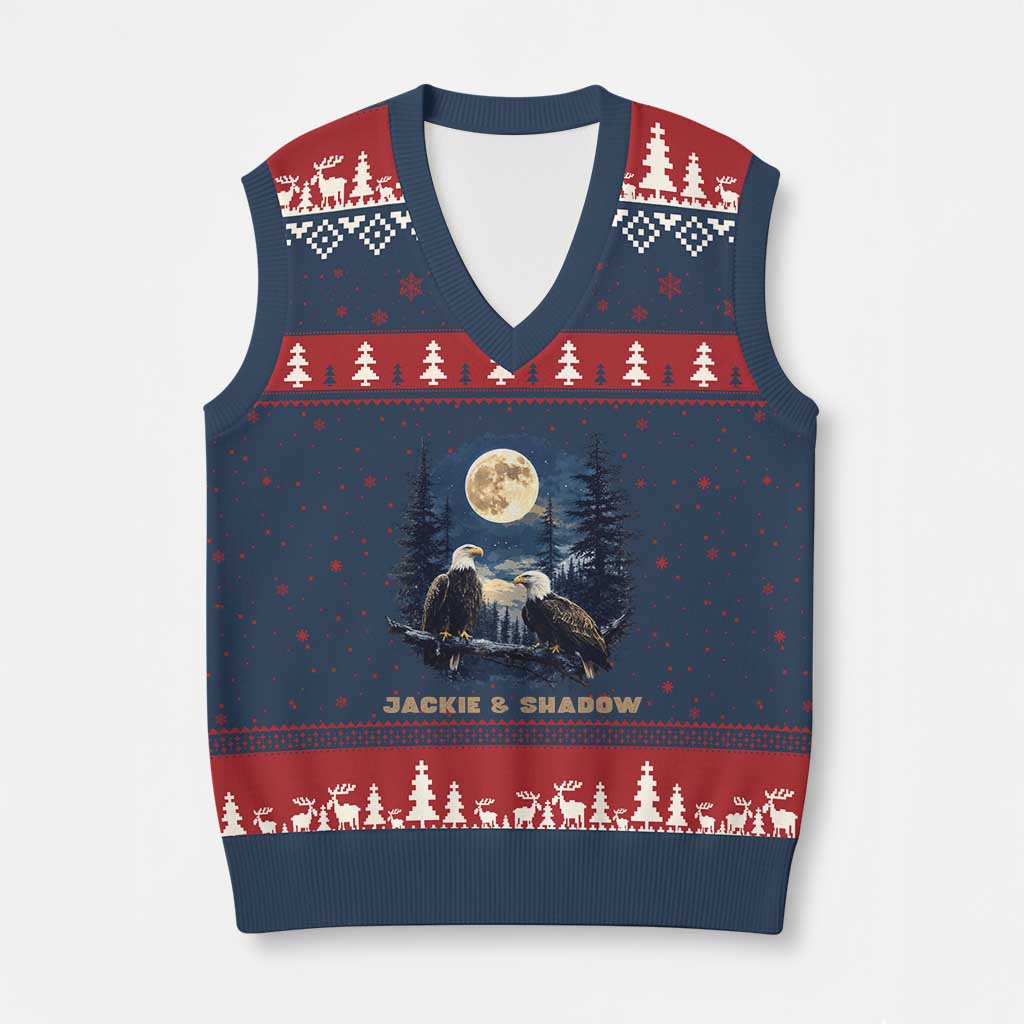 Jackie and Shadow Bald Eagle Couple V-Neck Knit Sweater Vest Full Moon Forest Vintage Nature Graphic