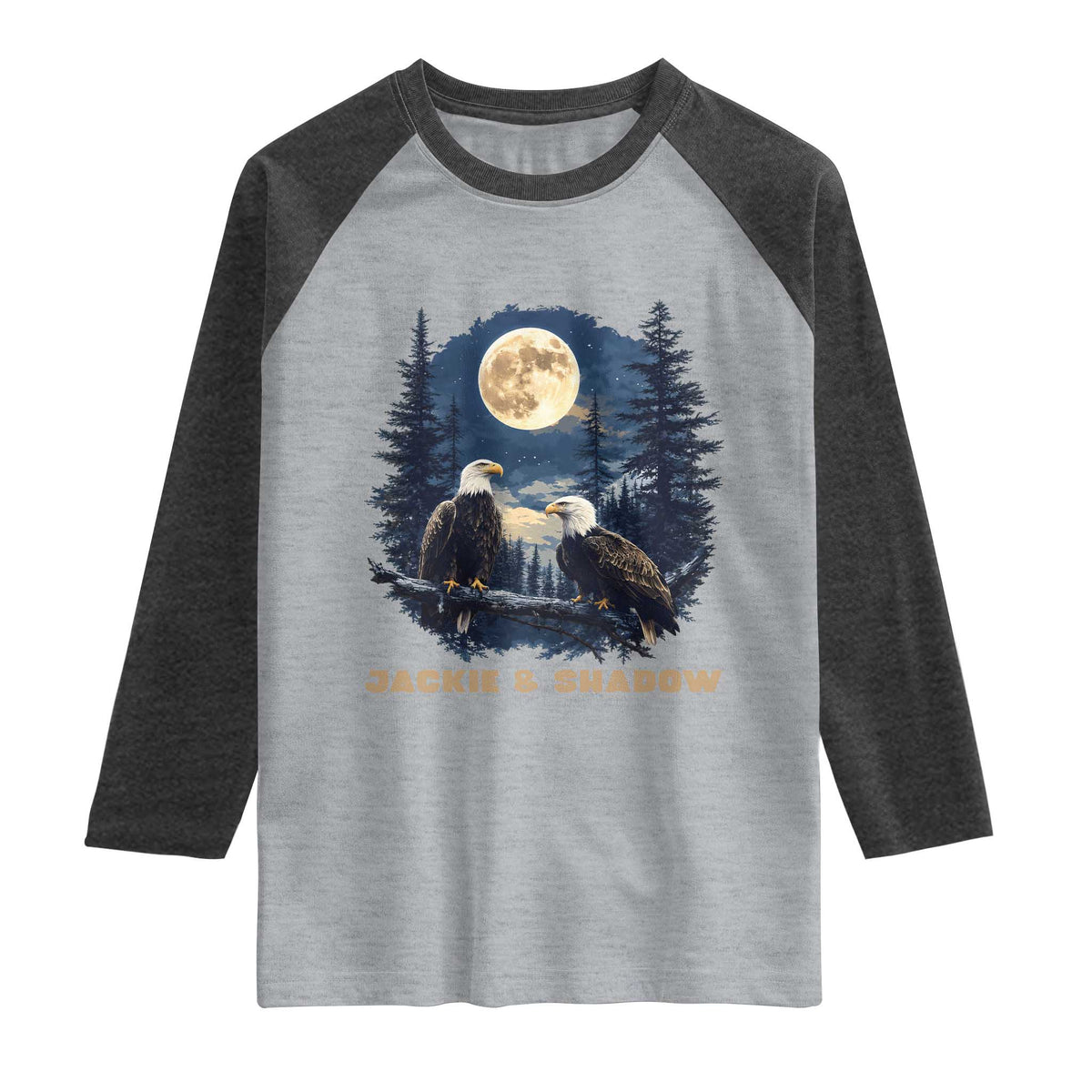 Jackie and Shadow Bald Eagle Couple Raglan Shirt Full Moon Forest Vintage Nature Graphic