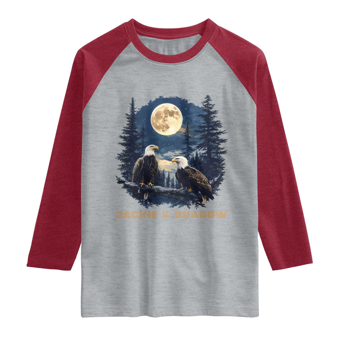 Jackie and Shadow Bald Eagle Couple Raglan Shirt Full Moon Forest Vintage Nature Graphic