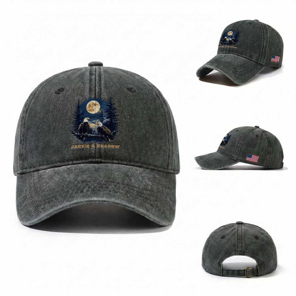 Jackie and Shadow Bald Eagle Couple Washed Cotton Baseball Cap Full Moon Forest Vintage Nature Graphic