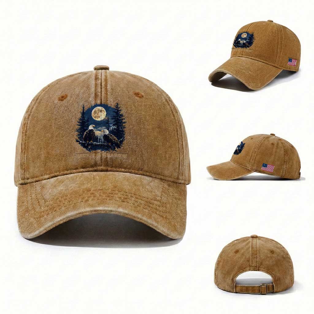 Jackie and Shadow Bald Eagle Couple Washed Cotton Baseball Cap Full Moon Forest Vintage Nature Graphic
