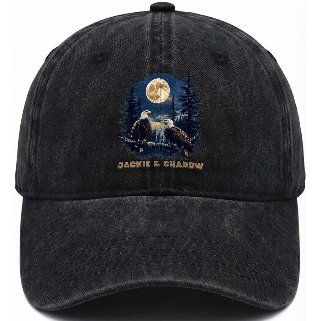 Jackie and Shadow Bald Eagle Couple Washed Cotton Baseball Cap Full Moon Forest Vintage Nature Graphic