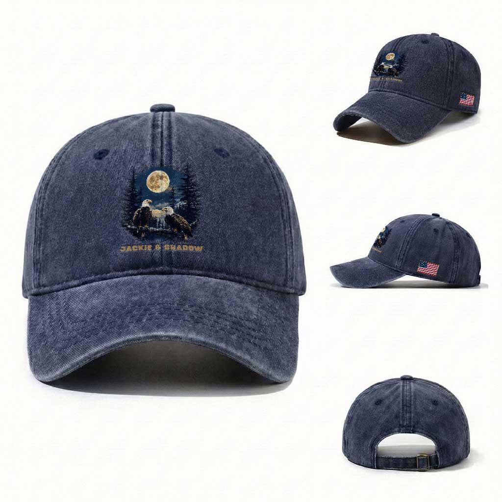 Jackie and Shadow Bald Eagle Couple Washed Cotton Baseball Cap Full Moon Forest Vintage Nature Graphic