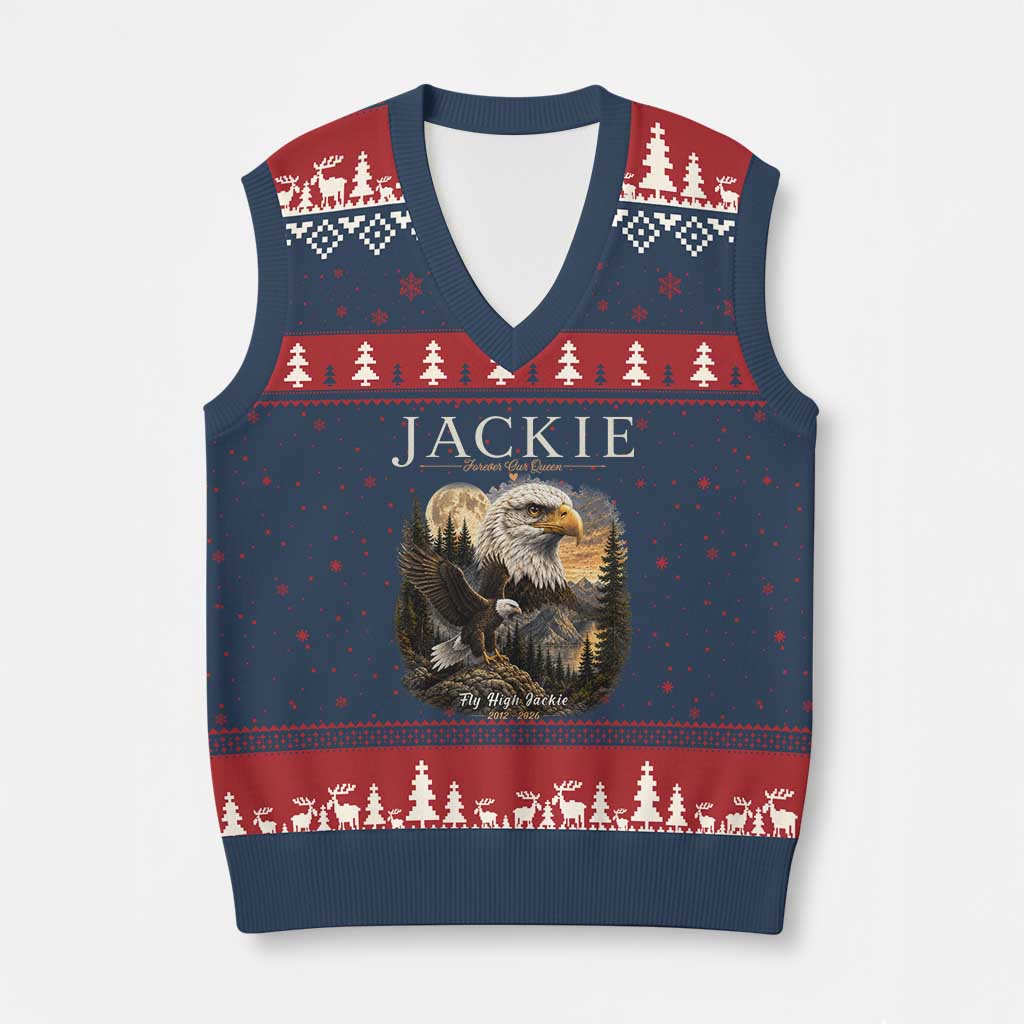 Jackie Forever Our Queen Bald Eagle 2012 2026 Memorial V-Neck Knit Sweater Vest Fly High in Big Bear Moonlit Mountain Tribute