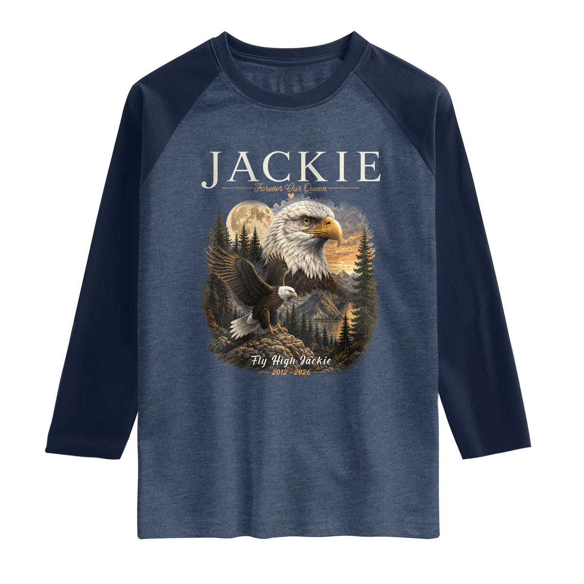 Jackie Forever Our Queen Bald Eagle 2012 2026 Memorial Raglan Shirt Fly High in Big Bear Moonlit Mountain Tribute