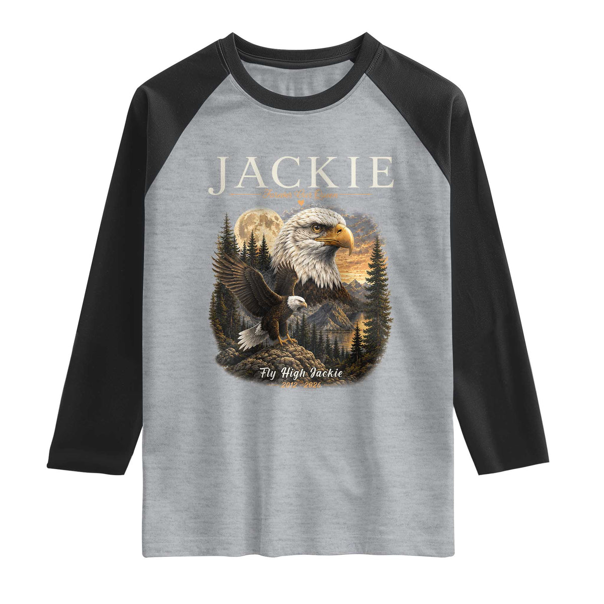 Jackie Forever Our Queen Bald Eagle 2012 2026 Memorial Raglan Shirt Fly High in Big Bear Moonlit Mountain Tribute