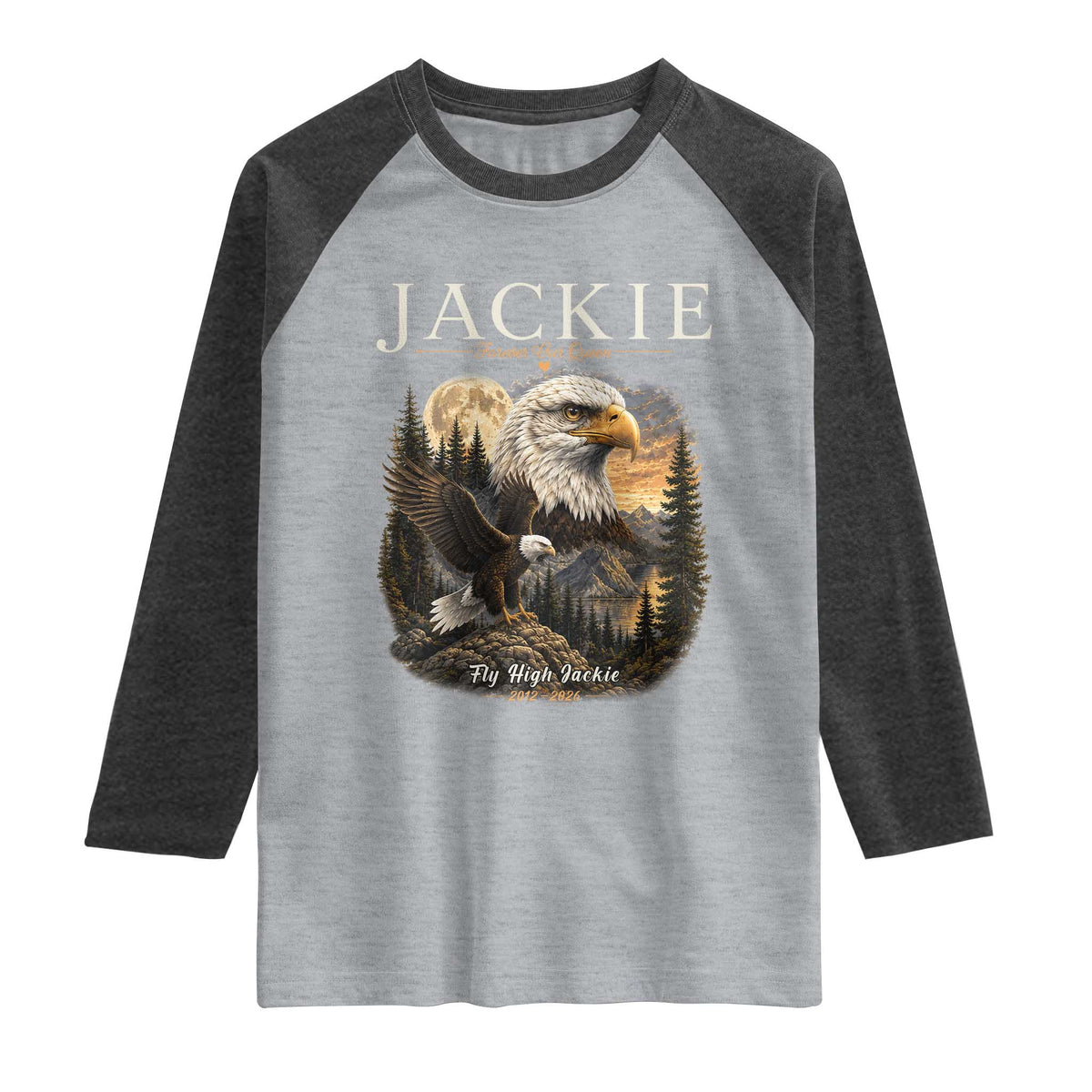 Jackie Forever Our Queen Bald Eagle 2012 2026 Memorial Raglan Shirt Fly High in Big Bear Moonlit Mountain Tribute