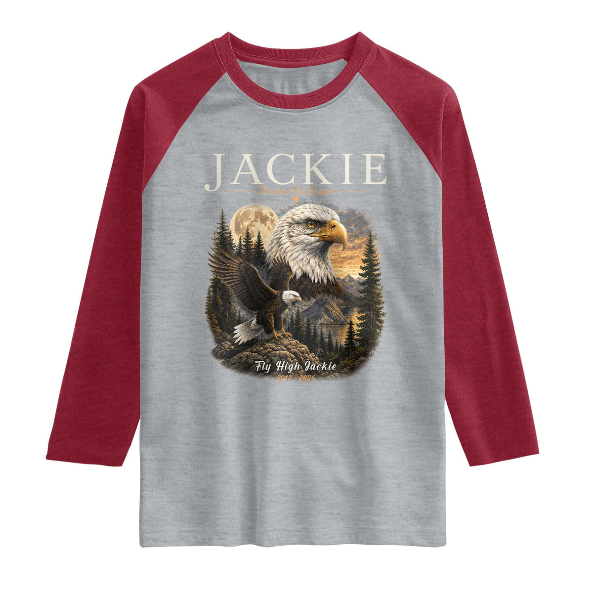 Jackie Forever Our Queen Bald Eagle 2012 2026 Memorial Raglan Shirt Fly High in Big Bear Moonlit Mountain Tribute