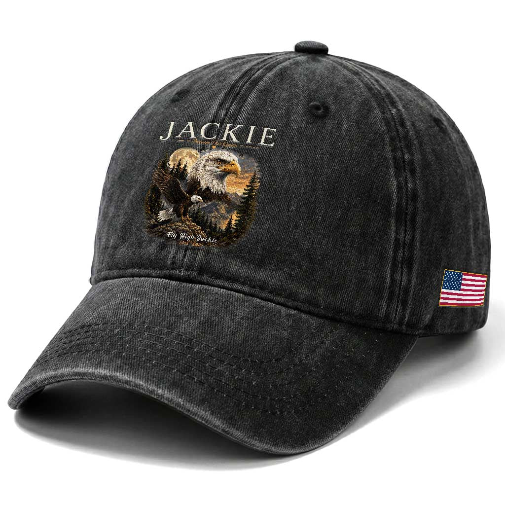 Jackie Forever Our Queen Bald Eagle 2012 2026 Memorial Washed Cotton Baseball Cap Fly High in Big Bear Moonlit Mountain Tribute