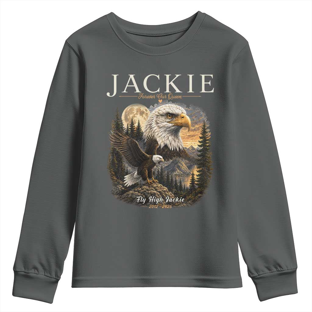 Jackie Forever Our Queen Bald Eagle 2012 2026 Memorial Youth Sweatshirt Fly High in Big Bear Moonlit Mountain Tribute