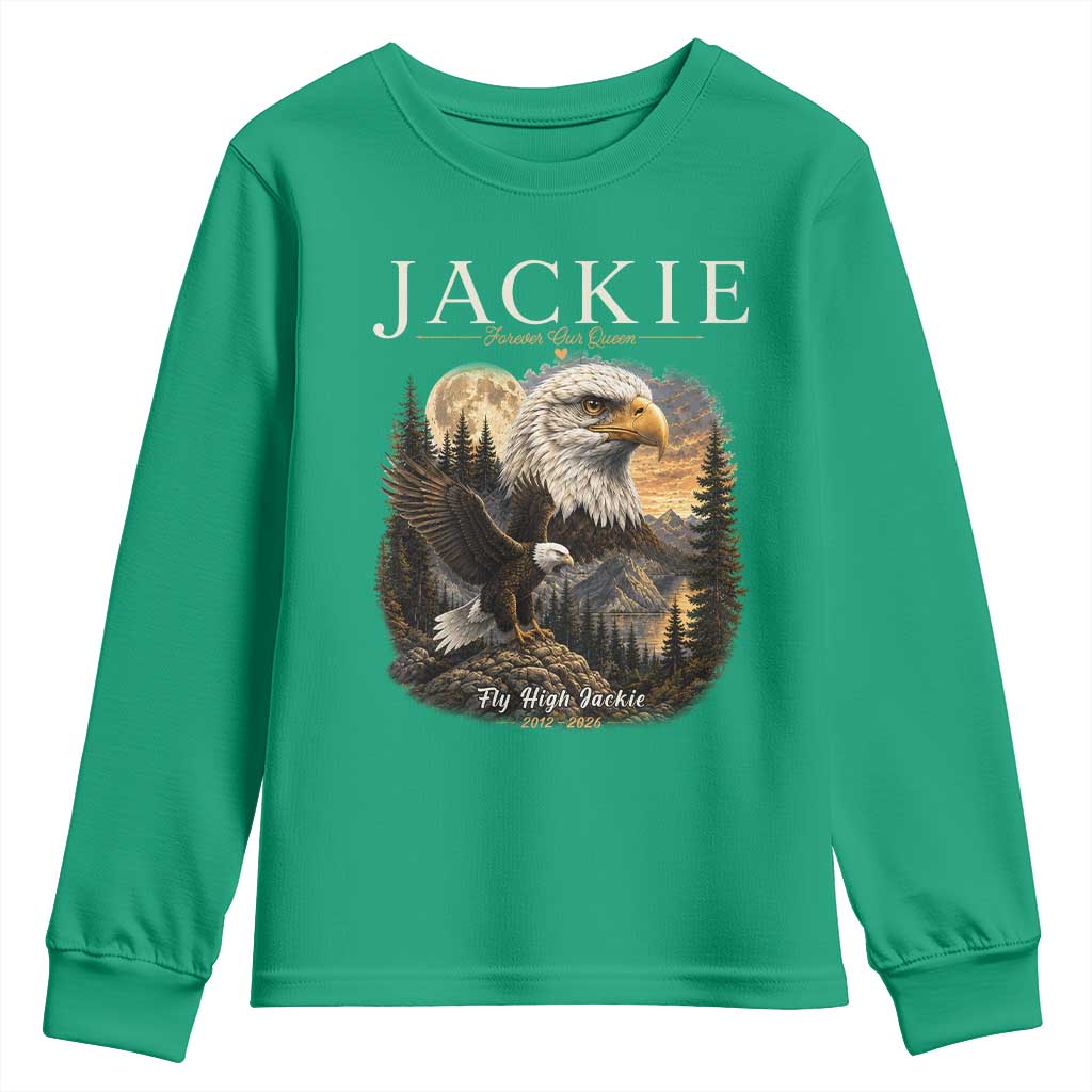 Jackie Forever Our Queen Bald Eagle 2012 2026 Memorial Youth Sweatshirt Fly High in Big Bear Moonlit Mountain Tribute