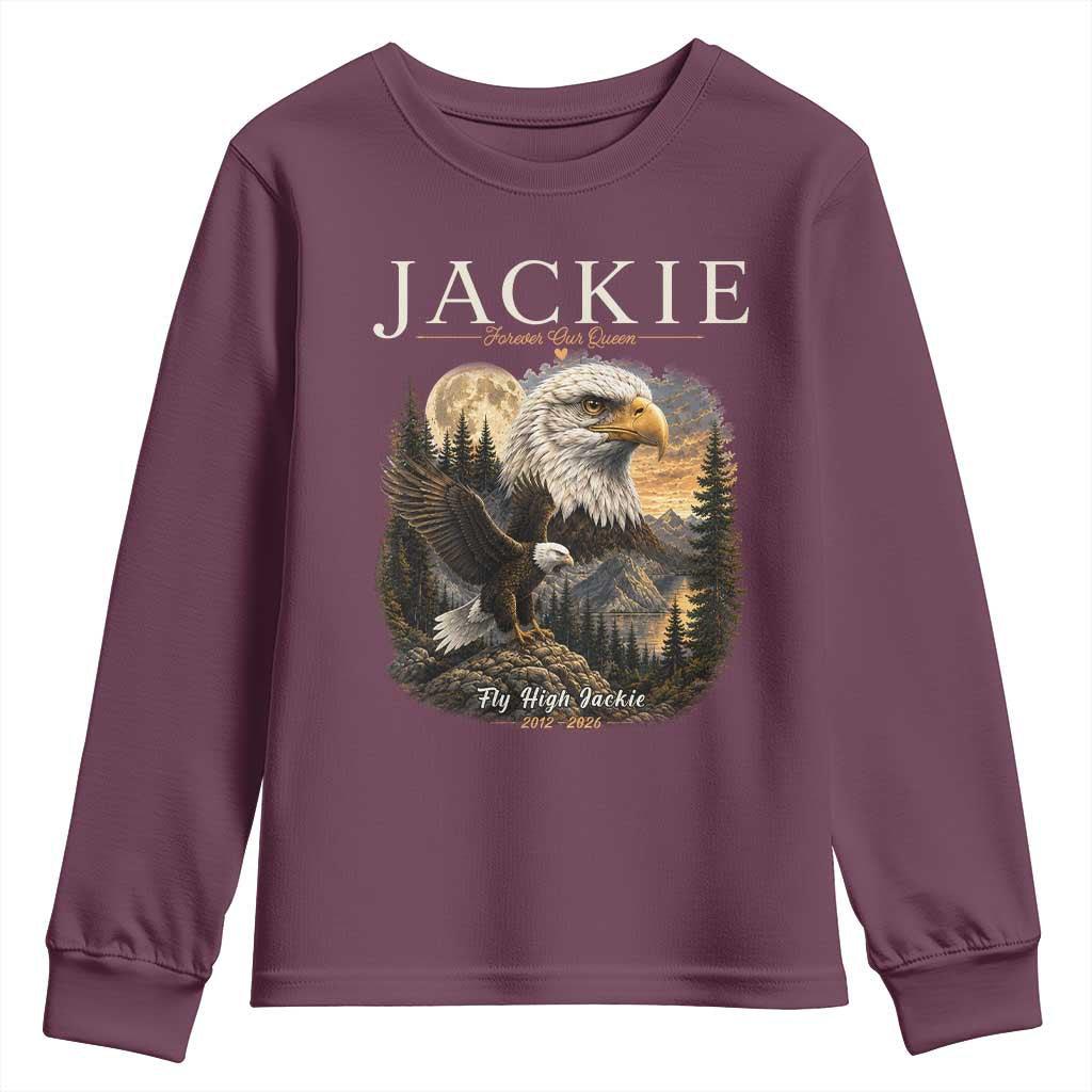 Jackie Forever Our Queen Bald Eagle 2012 2026 Memorial Youth Sweatshirt Fly High in Big Bear Moonlit Mountain Tribute
