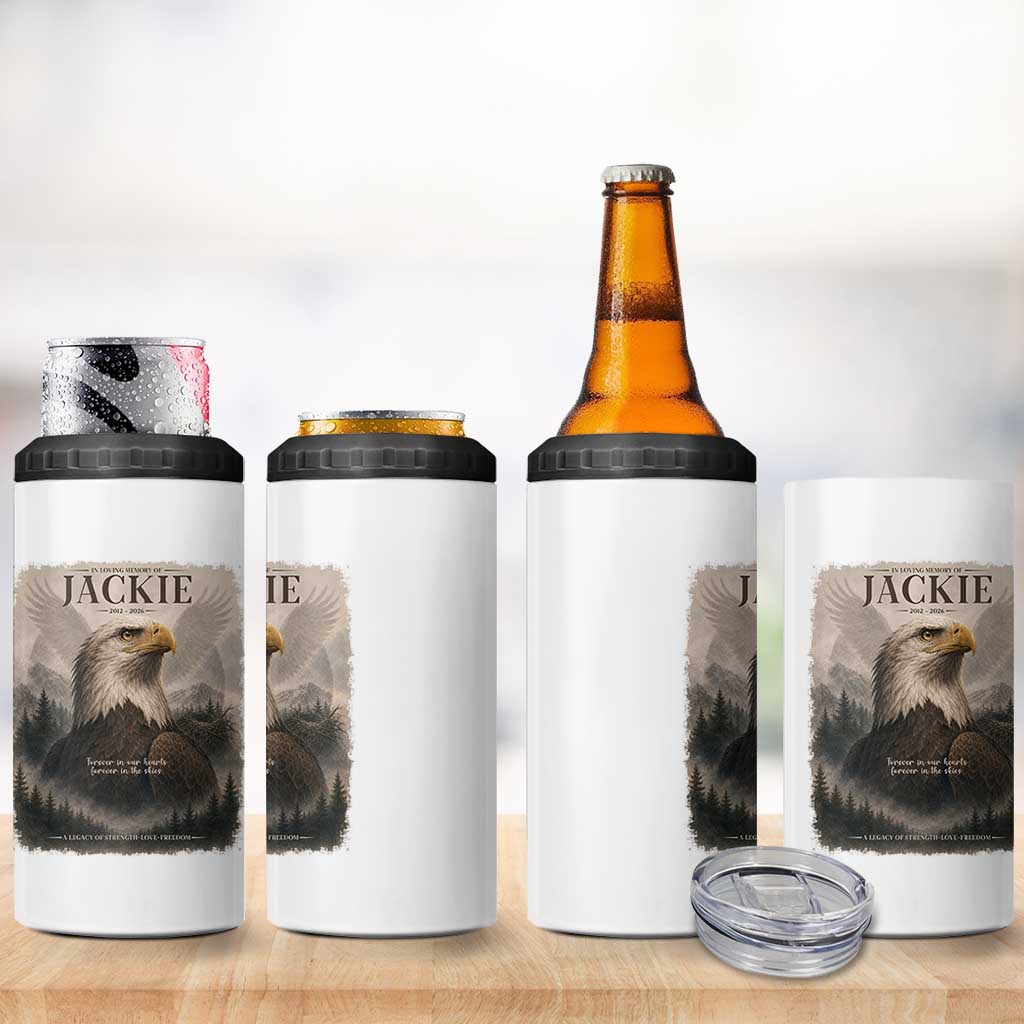 In Loving Memory of Jackie Eagle Memorial Portrait 4 in 1 Can Cooler Tumbler 2012 2026 Legacy Of Strength Wilderness Tribute