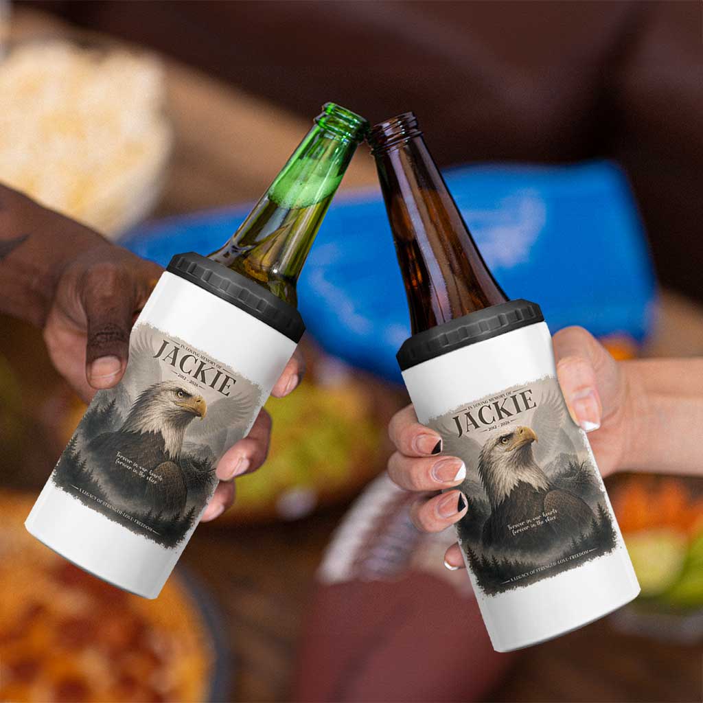 In Loving Memory of Jackie Eagle Memorial Portrait 4 in 1 Can Cooler Tumbler 2012 2026 Legacy Of Strength Wilderness Tribute