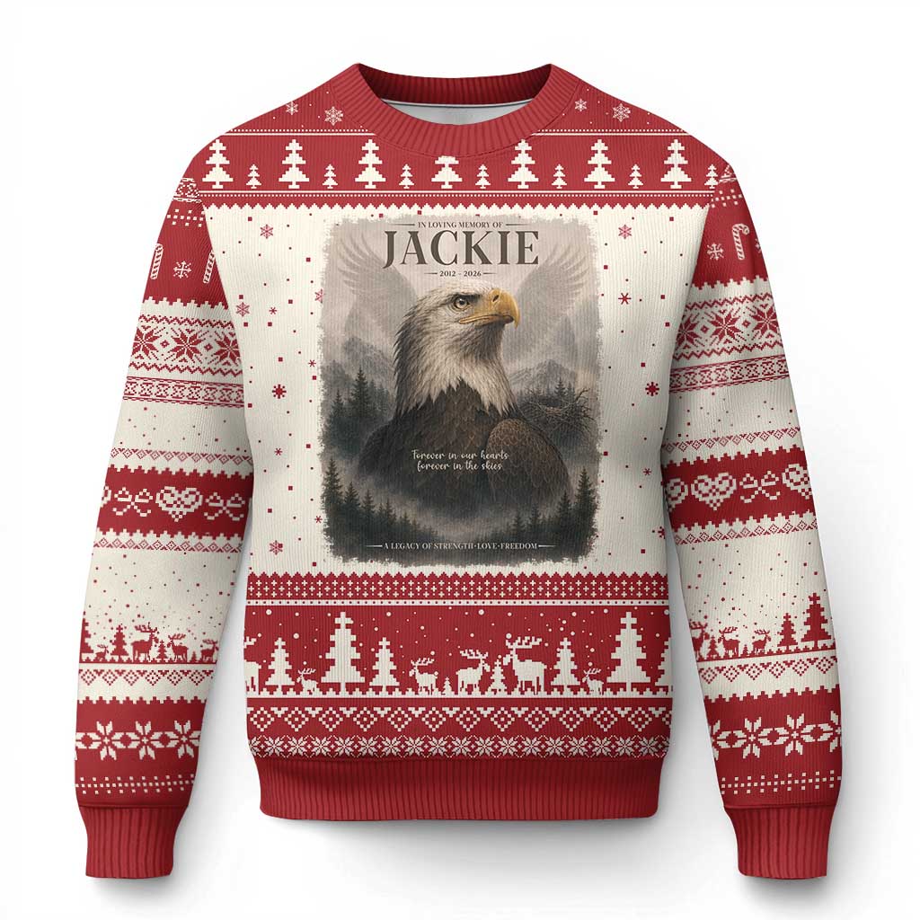 In Loving Memory of Jackie Eagle Memorial Portrait Ugly Christmas Sweater 2012 2026 Legacy Of Strength Wilderness Tribute