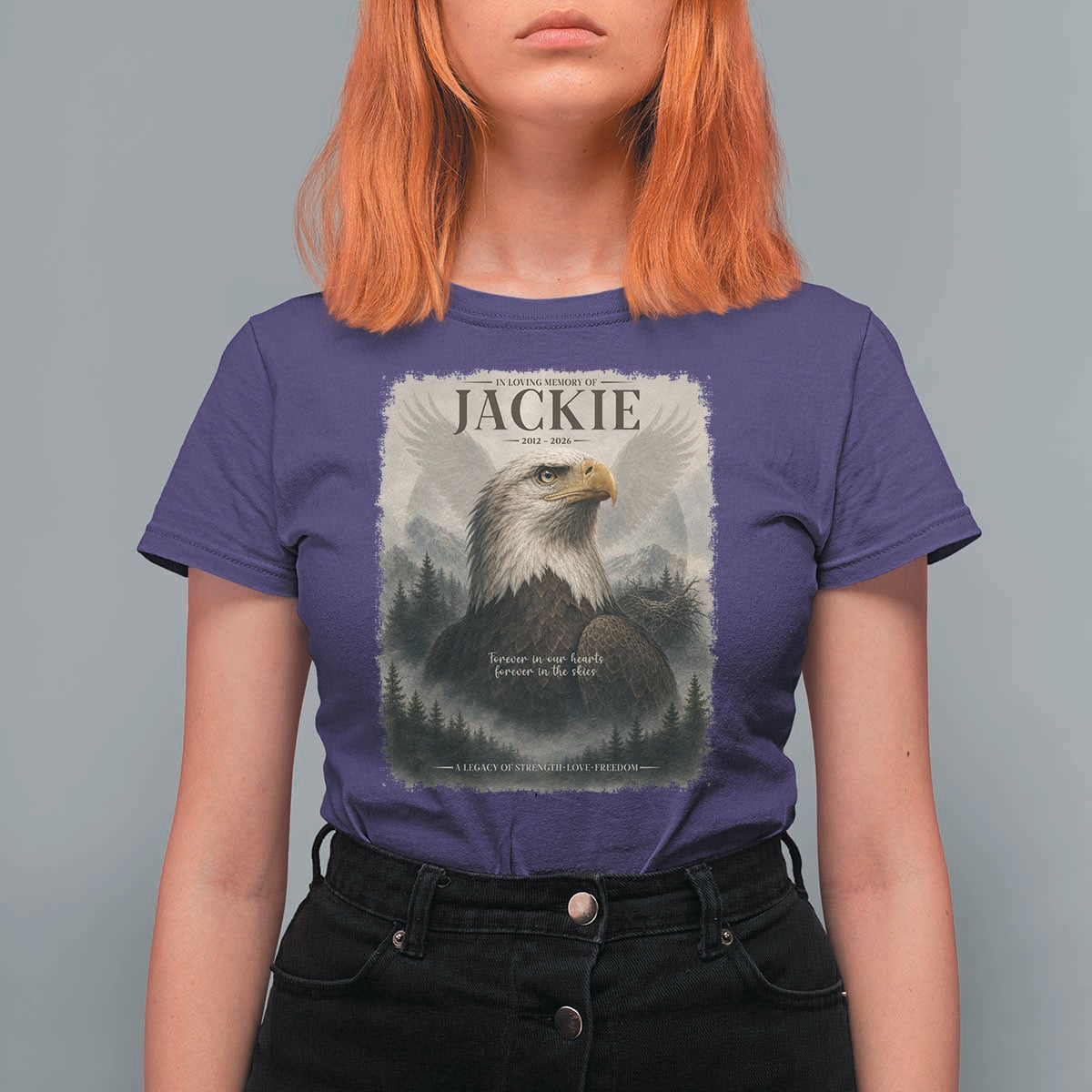 In Loving Memory of Jackie Eagle Memorial Portrait T Shirt For Women 2012 2026 Legacy Of Strength Wilderness Tribute