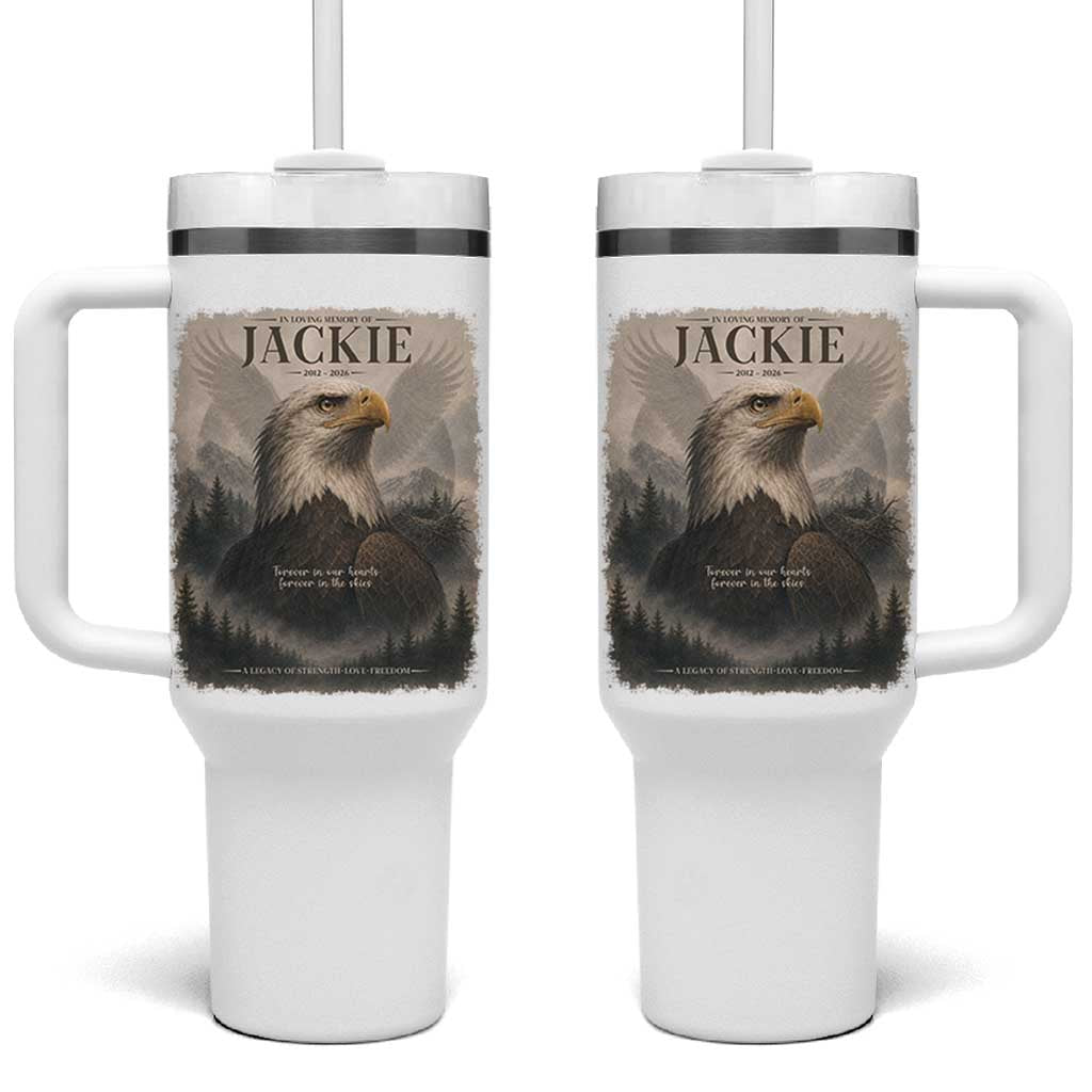 In Loving Memory of Jackie Eagle Memorial Portrait Tumbler With Handle 2012 2026 Legacy Of Strength Wilderness Tribute