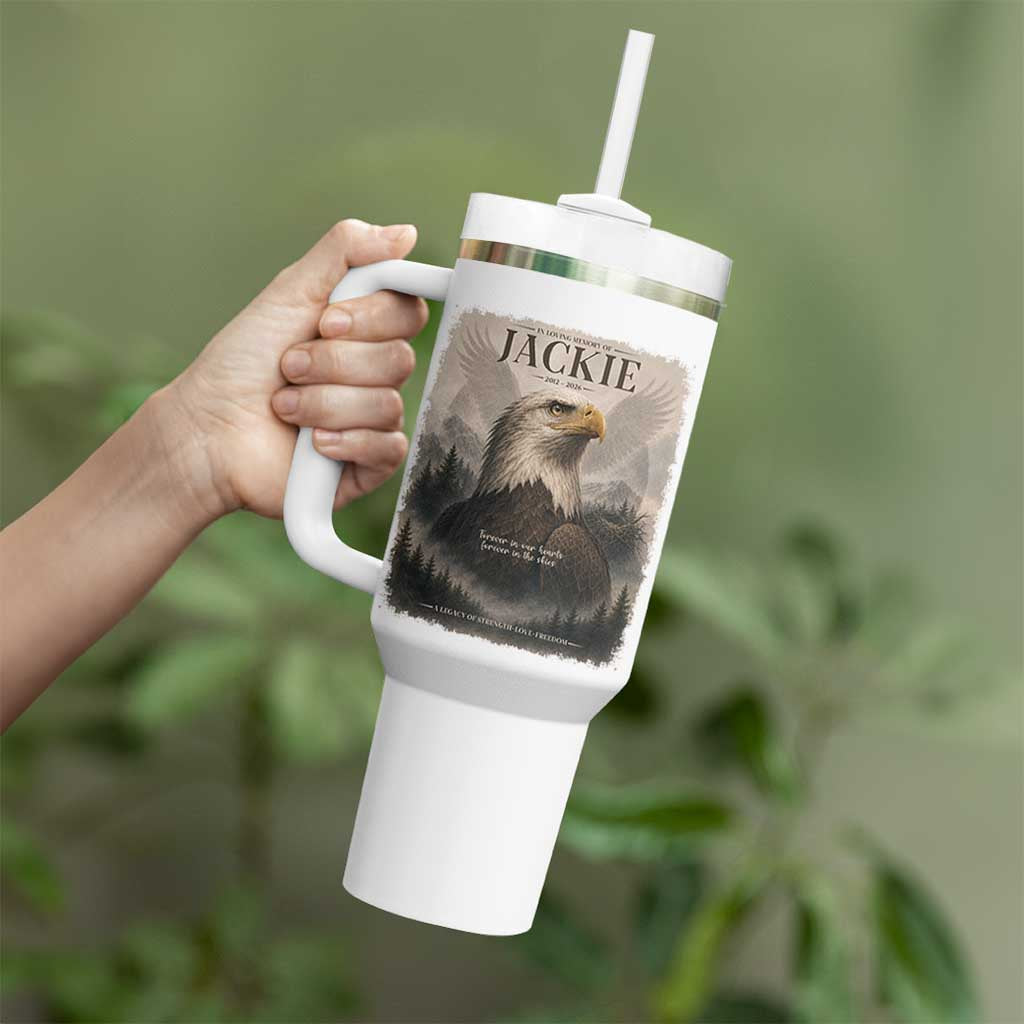 In Loving Memory of Jackie Eagle Memorial Portrait Tumbler With Handle 2012 2026 Legacy Of Strength Wilderness Tribute