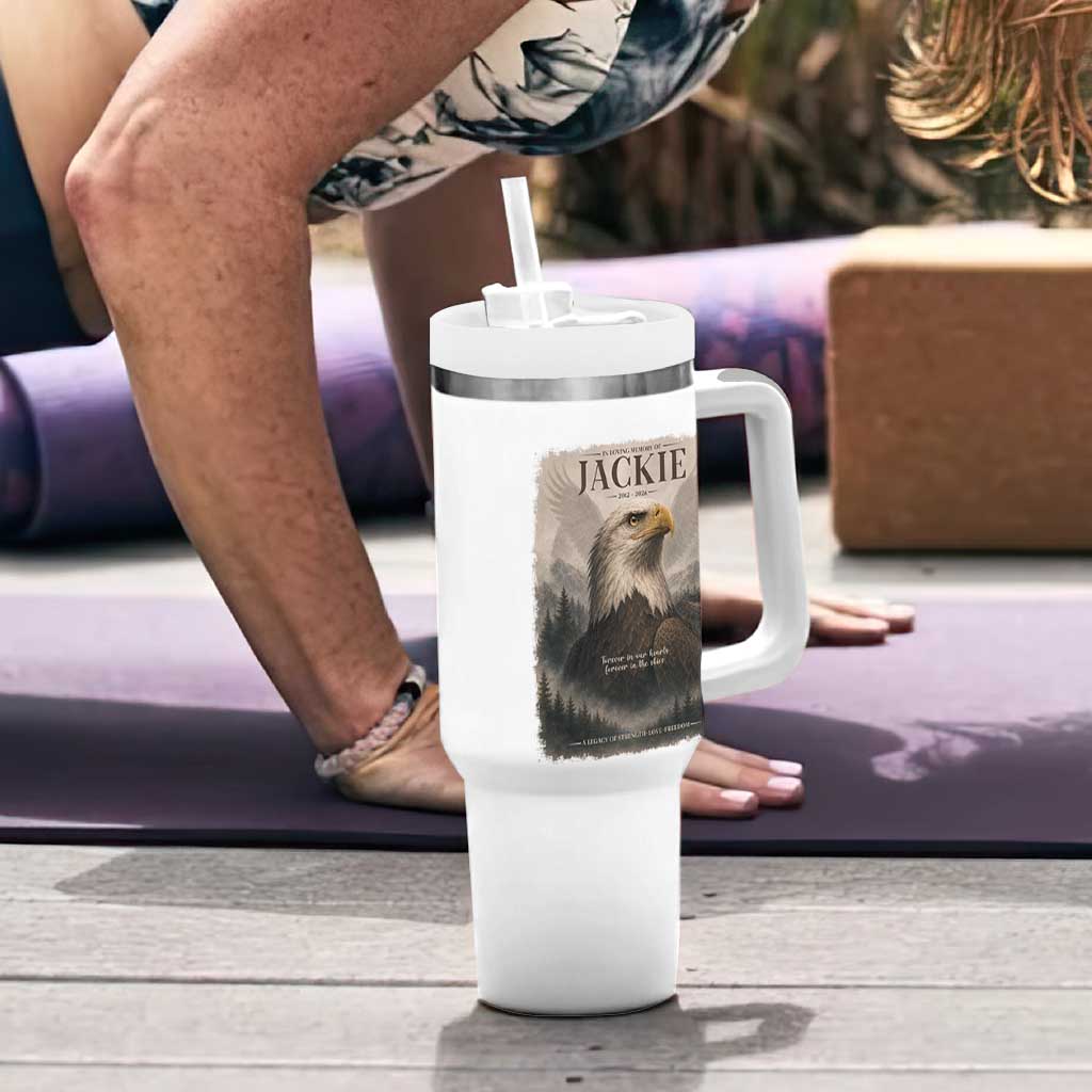 In Loving Memory of Jackie Eagle Memorial Portrait Tumbler With Handle 2012 2026 Legacy Of Strength Wilderness Tribute